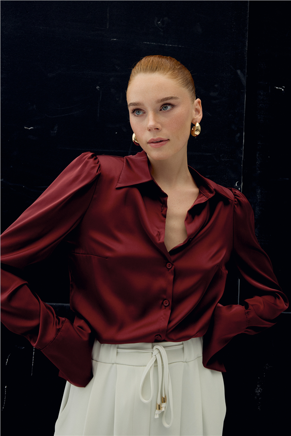 Vatkalı Saten Gömlek - Bordo