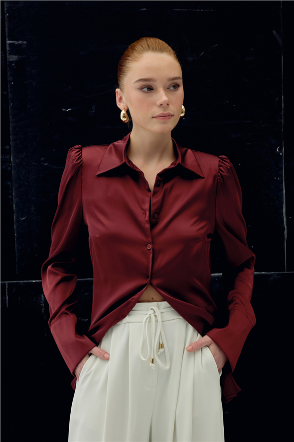 Vatkalı Saten Gömlek - Bordo