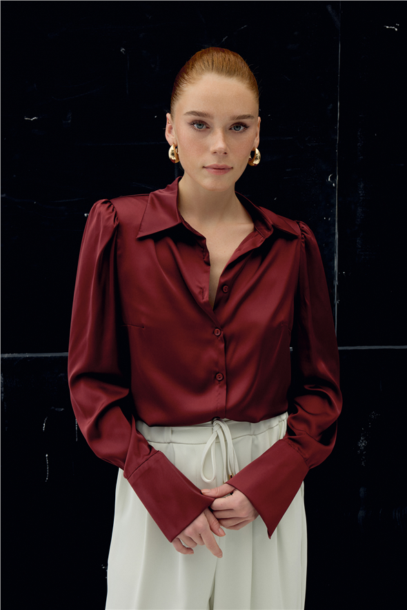 Vatkalı Saten Gömlek - Bordo