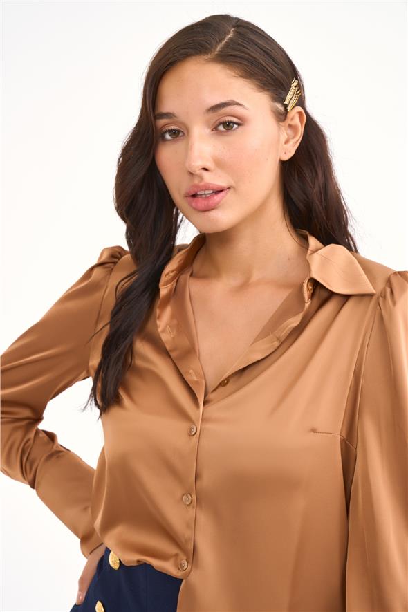 Vatkalı Saten Gömlek - Camel