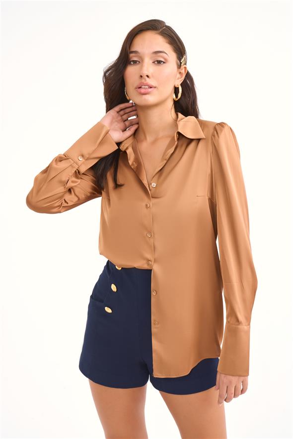 Vatkalı Saten Gömlek - Camel