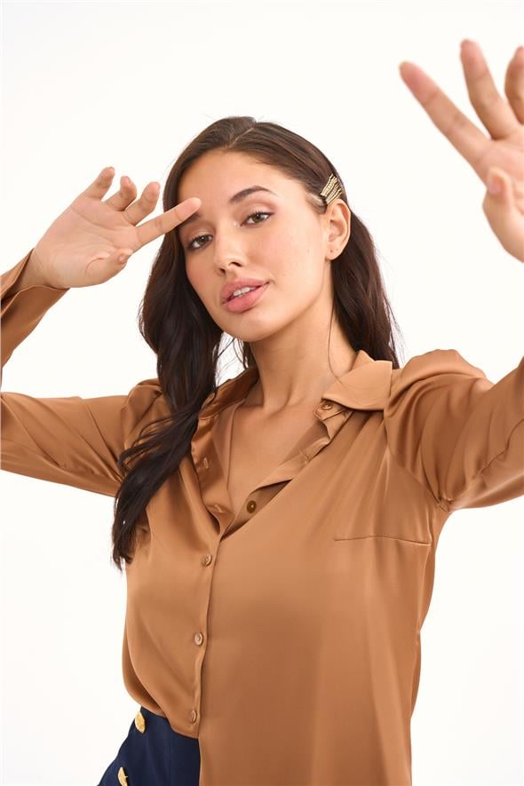 Vatkalı Saten Gömlek - Camel