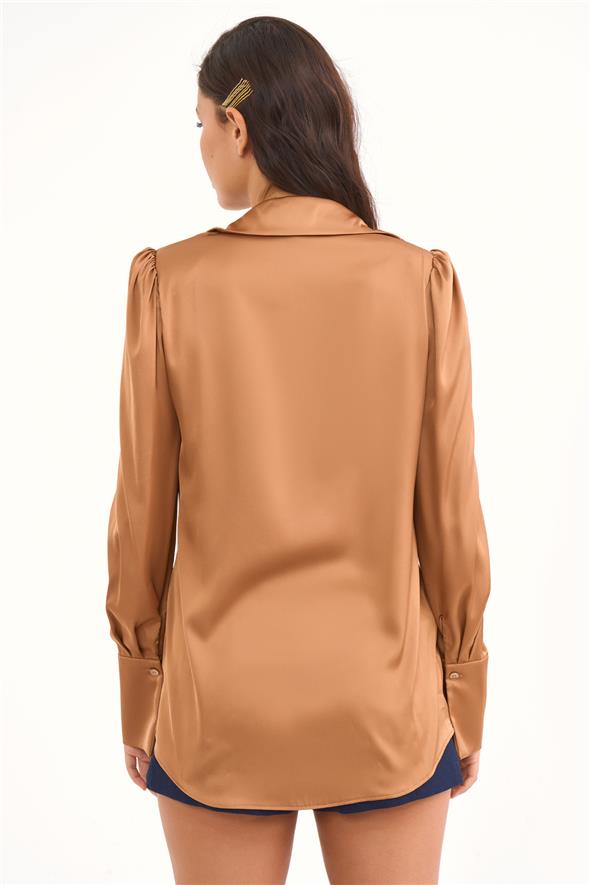 Vatkalı Saten Gömlek - Camel