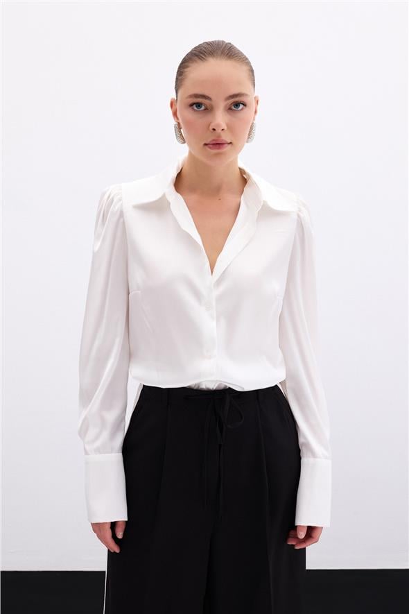 Vatkalı Saten Gömlek - Ekru