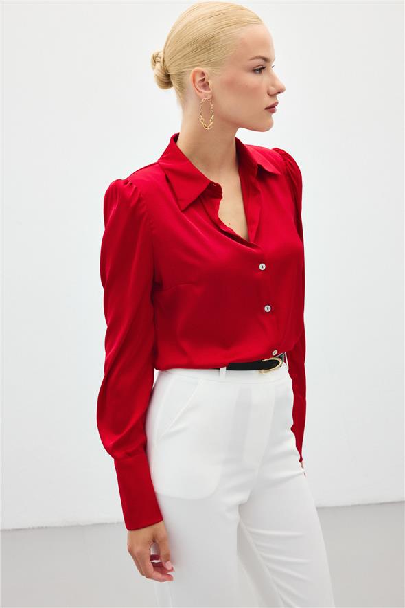 Vatkalı Saten Gömlek - Kırmızı