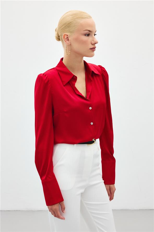 Vatkalı Saten Gömlek - Kırmızı