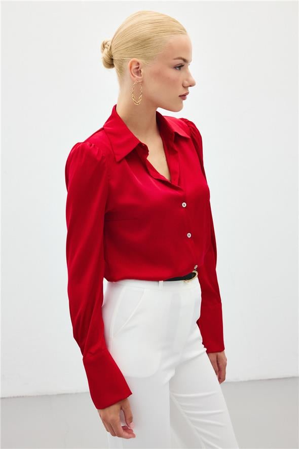 Vatkalı Saten Gömlek - Kırmızı