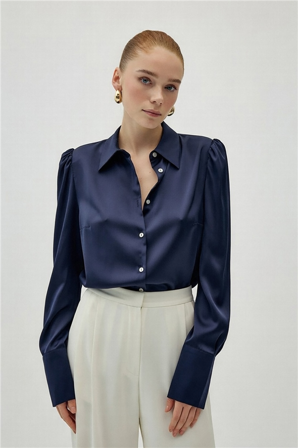 Vatkalı Saten Gömlek - Lacivert