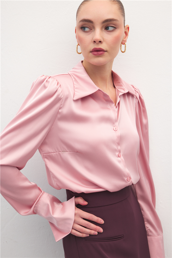 Vatkalı Saten Gömlek - Pembe