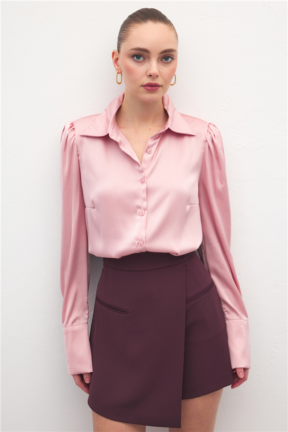 Vatkalı Saten Gömlek - Pembe