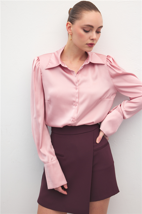 Vatkalı Saten Gömlek - Pembe