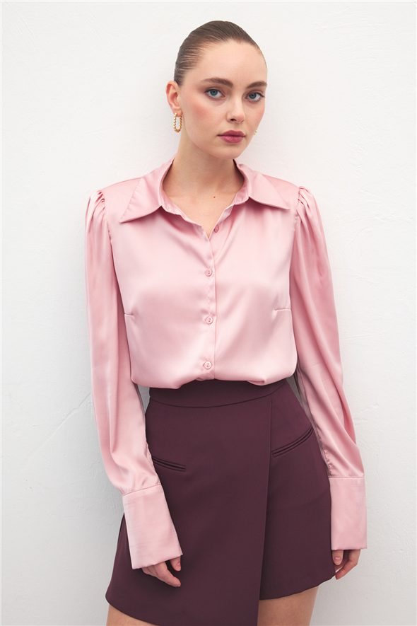 Vatkalı Saten Gömlek - Pembe