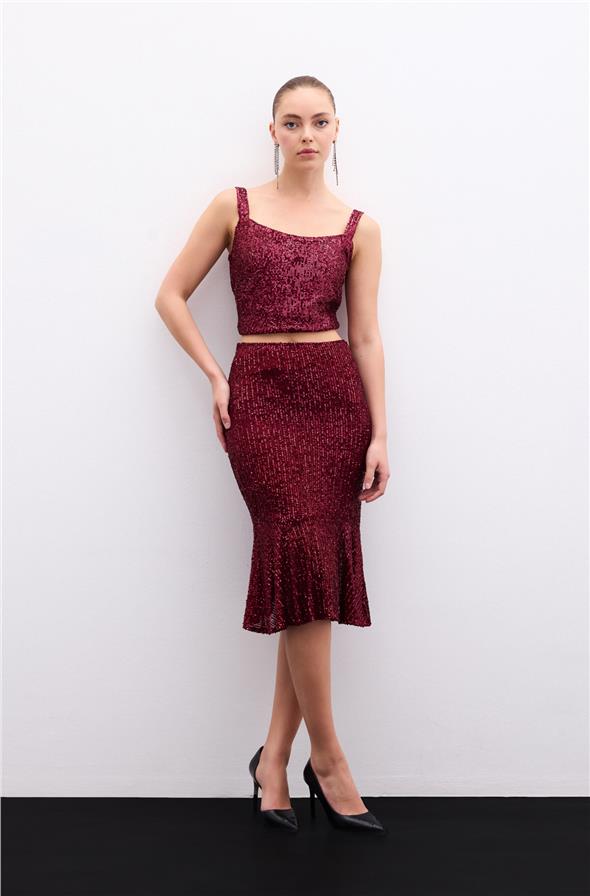 Volanlı Pul Payetli Etek - Bordo