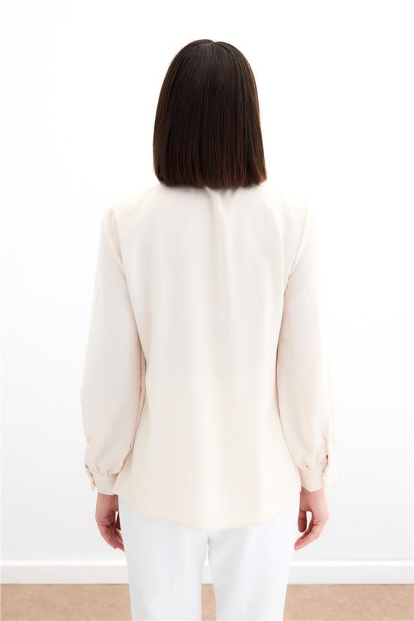 Yakası Bağlamalı Düz Gömlek - Bej