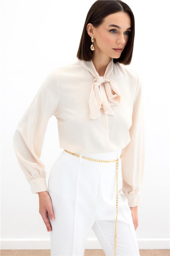 Yakası Bağlamalı Düz Gömlek - Bej