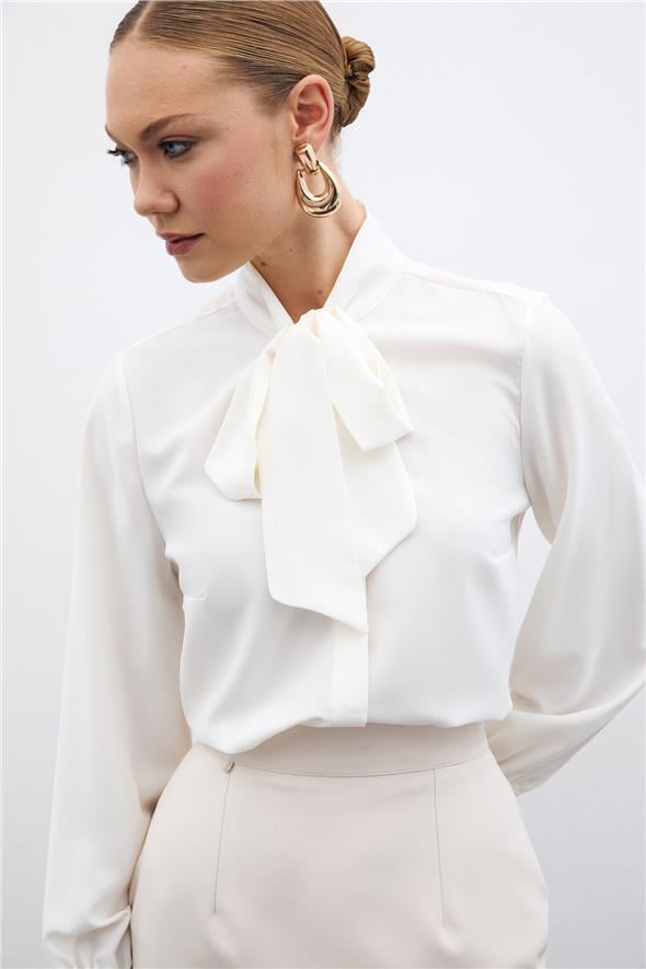 Yakası Bağlamalı Düz Gömlek - Ekru