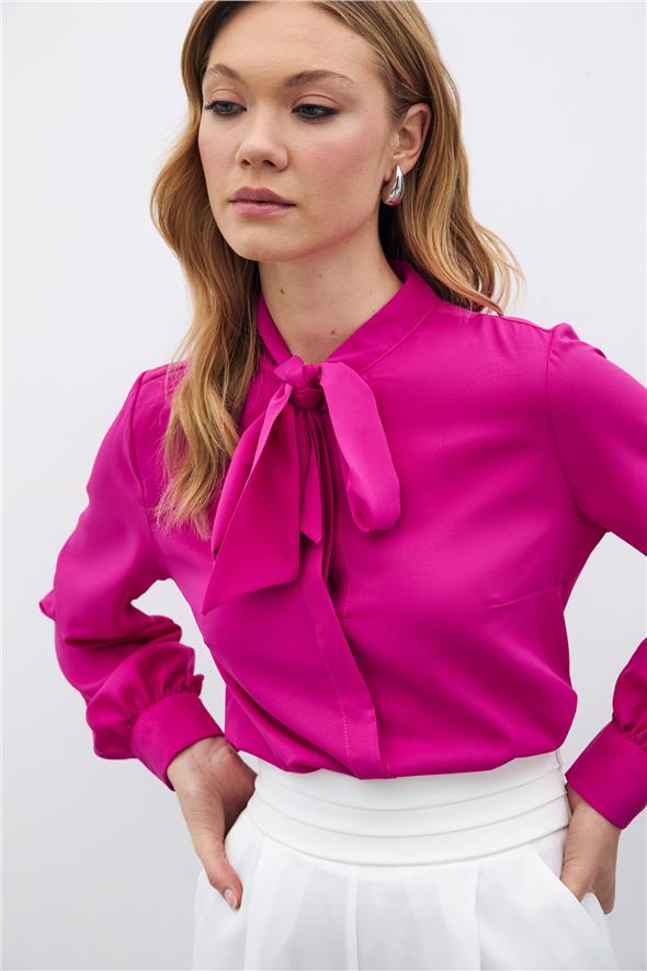 Yakası Bağlamalı Düz Gömlek - Fuşya