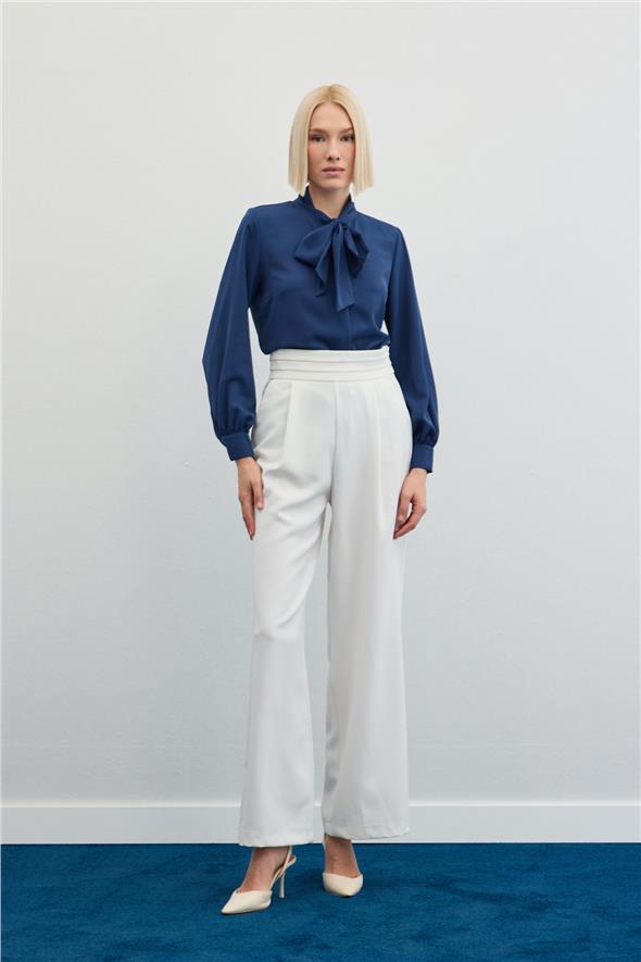 Yakası Bağlamalı Düz Gömlek - İndigo