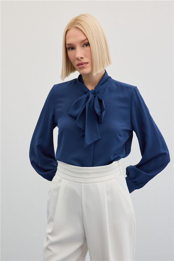 Yakası Bağlamalı Düz Gömlek - İndigo