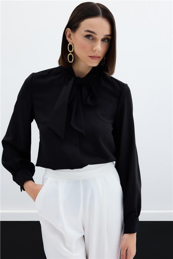 Yakası Bağlamalı Düz Gömlek - Siyah