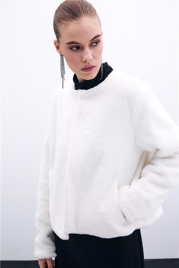 Yakasız Peluş Ceket - Ekru