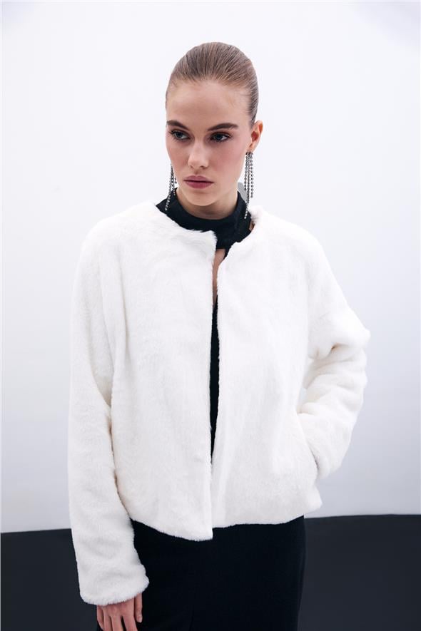 Yakasız Peluş Ceket - Ekru