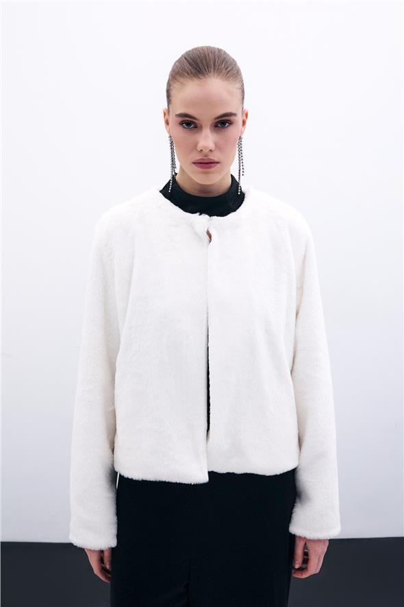 Yakasız Peluş Ceket - Ekru
