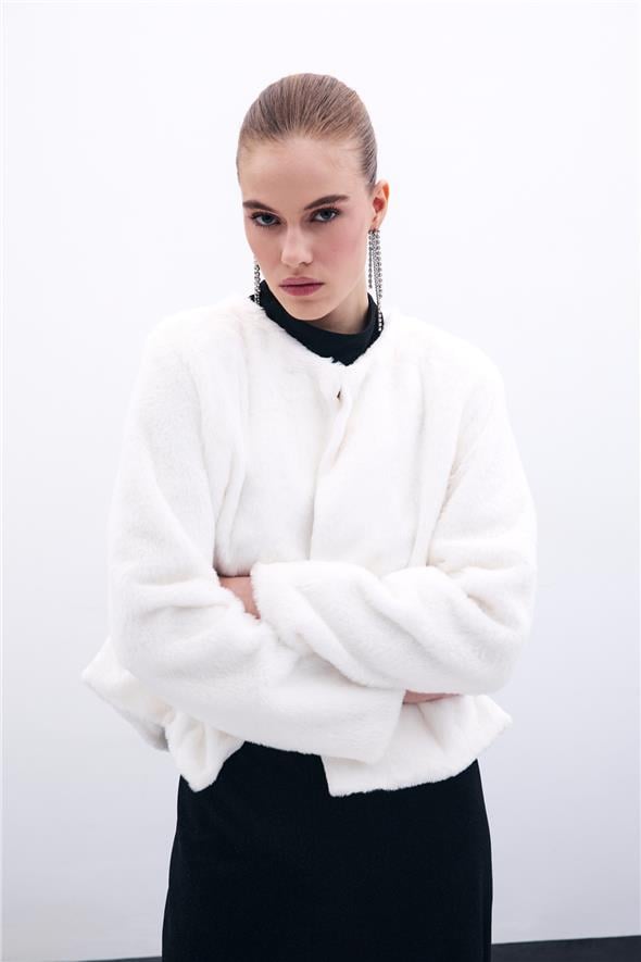 Yakasız Peluş Ceket - Ekru