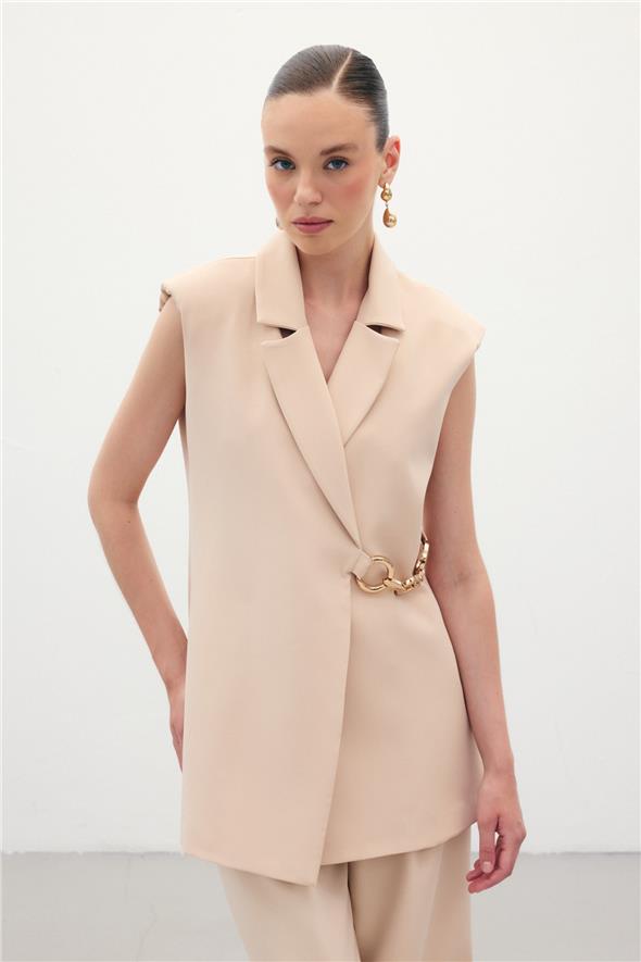 Yan Aksesuarlı Uzun Yelek - Bej