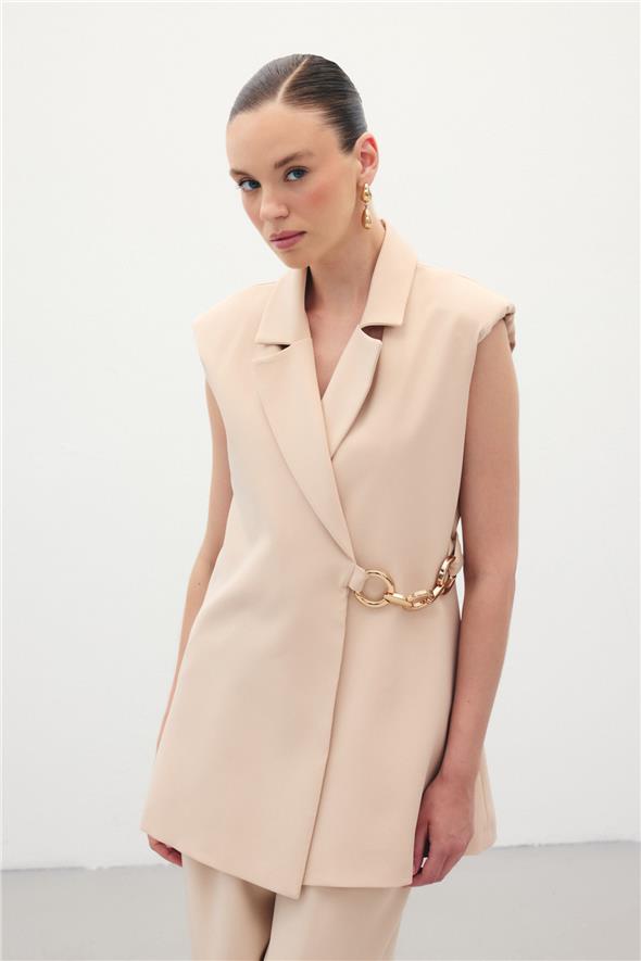 Yan Aksesuarlı Uzun Yelek - Bej