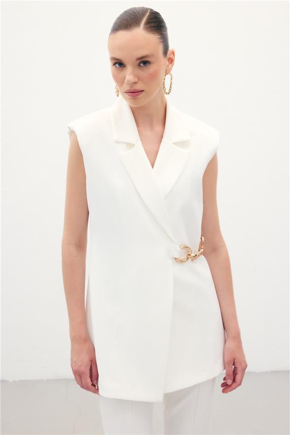 Yan Aksesuarlı Uzun Yelek - Ekru