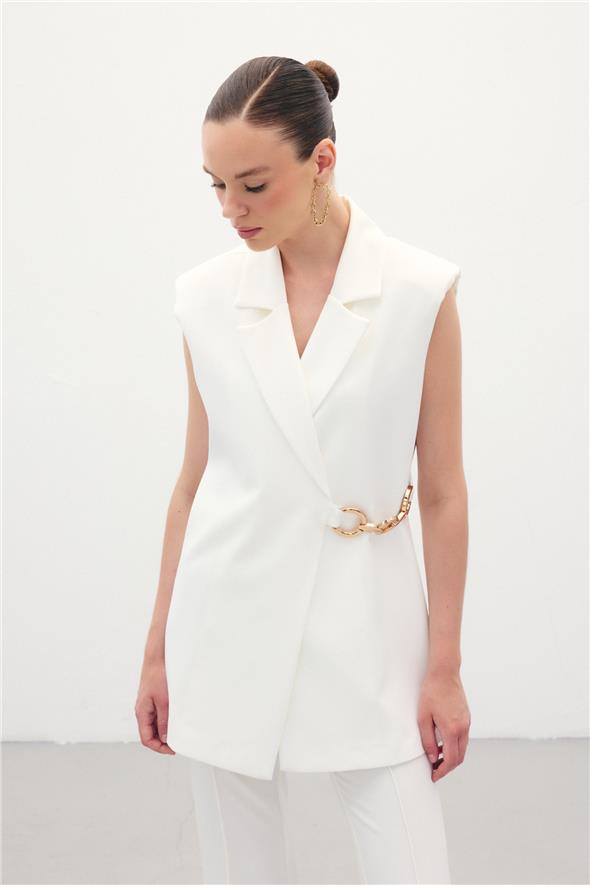 Yan Aksesuarlı Uzun Yelek - Ekru