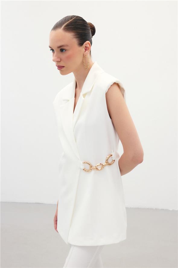 Yan Aksesuarlı Uzun Yelek - Ekru
