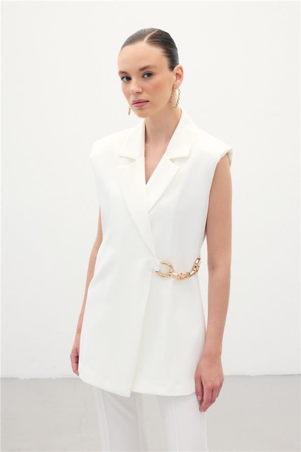 Yan Aksesuarlı Uzun Yelek - Ekru