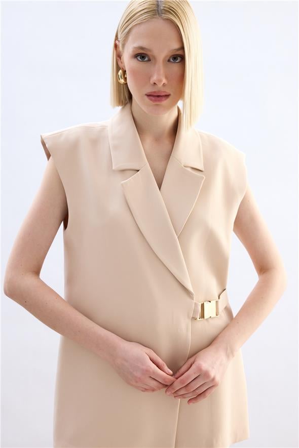 Yan Kemerli Uzun Yelek - Bej