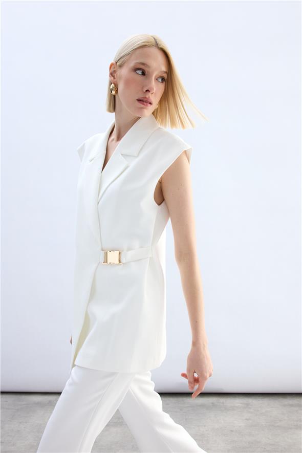 Yan Kemerli Uzun Yelek - Ekru