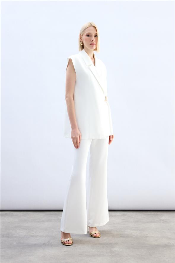 Yan Kemerli Uzun Yelek - Ekru