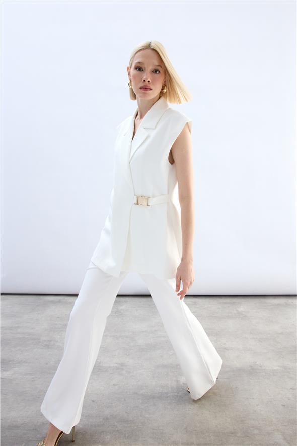 Yan Kemerli Uzun Yelek - Ekru