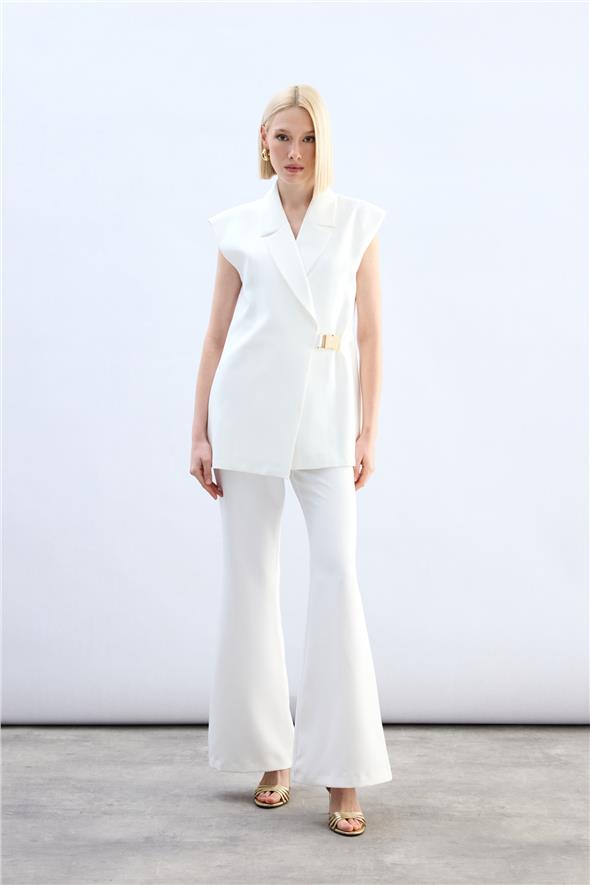 Yan Kemerli Uzun Yelek - Ekru