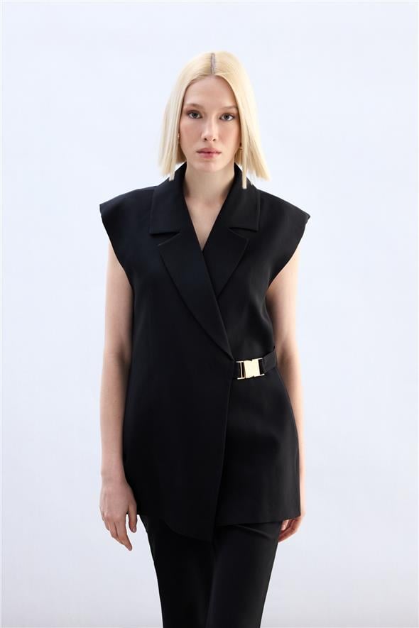 Yan Kemerli Uzun Yelek - Siyah