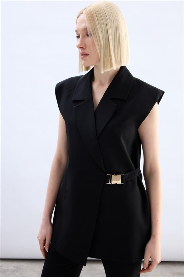 Yan Kemerli Uzun Yelek - Siyah