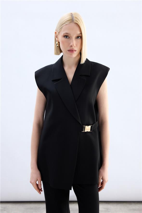 Yan Kemerli Uzun Yelek - Siyah