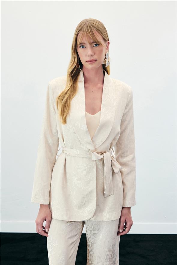 Yılan Desenli Uzun Ceket - Bej