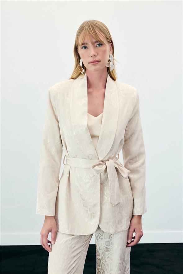 Yılan Desenli Uzun Ceket - Bej