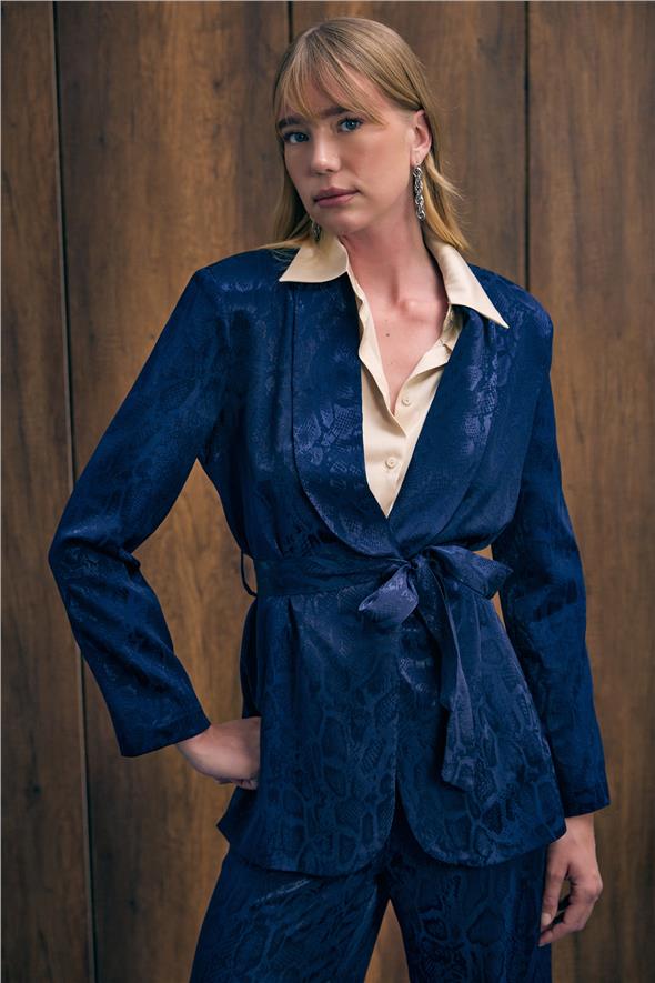 Yılan Desenli Uzun Ceket - Lacivert