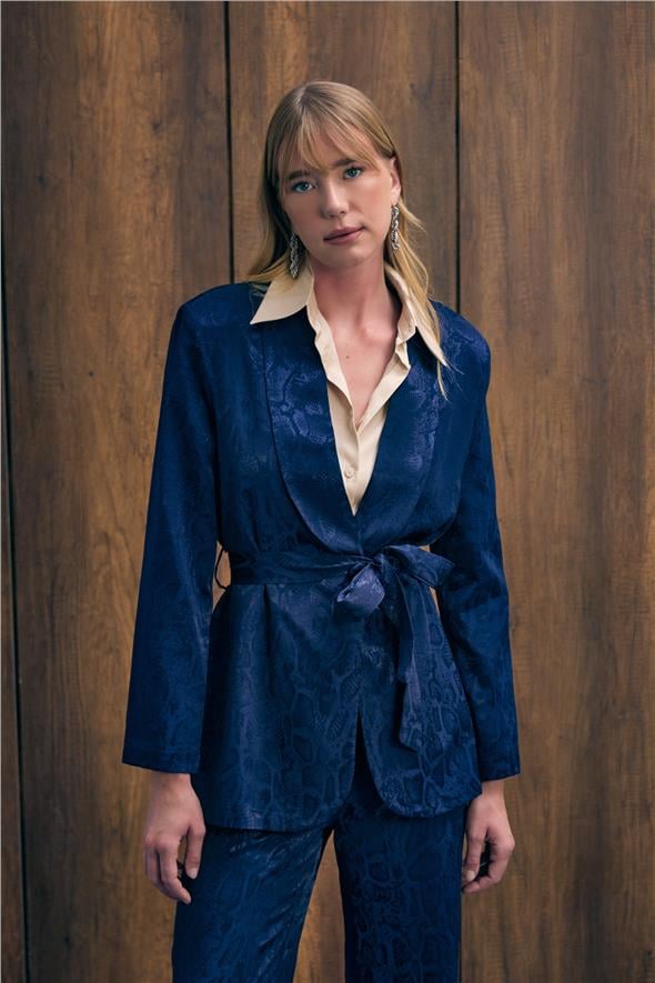 Yılan Desenli Uzun Ceket - Lacivert