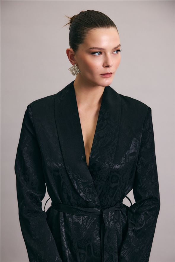 Yılan Desenli Uzun Ceket - Siyah