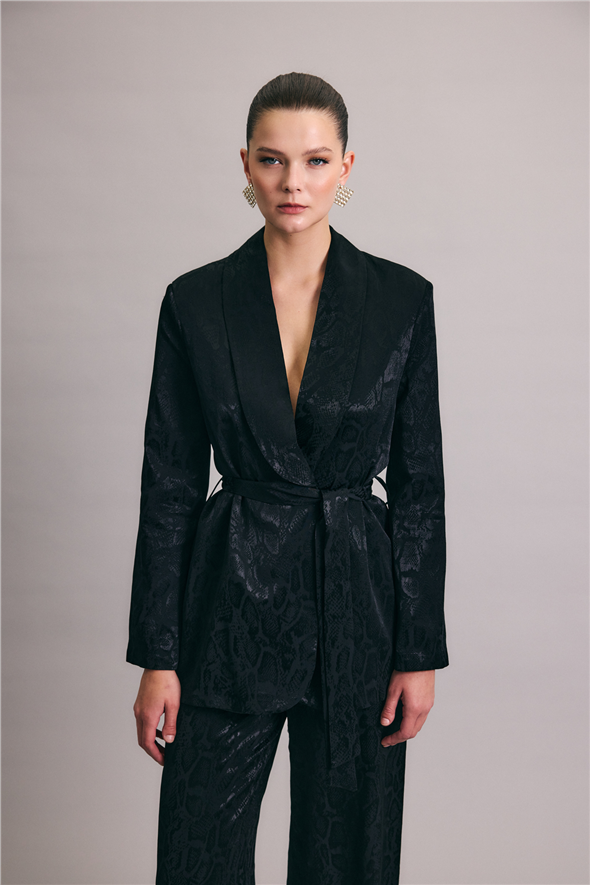 Yılan Desenli Uzun Ceket - Siyah