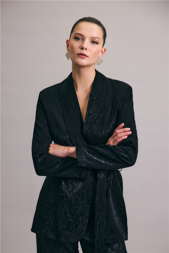 Yılan Desenli Uzun Ceket - Siyah