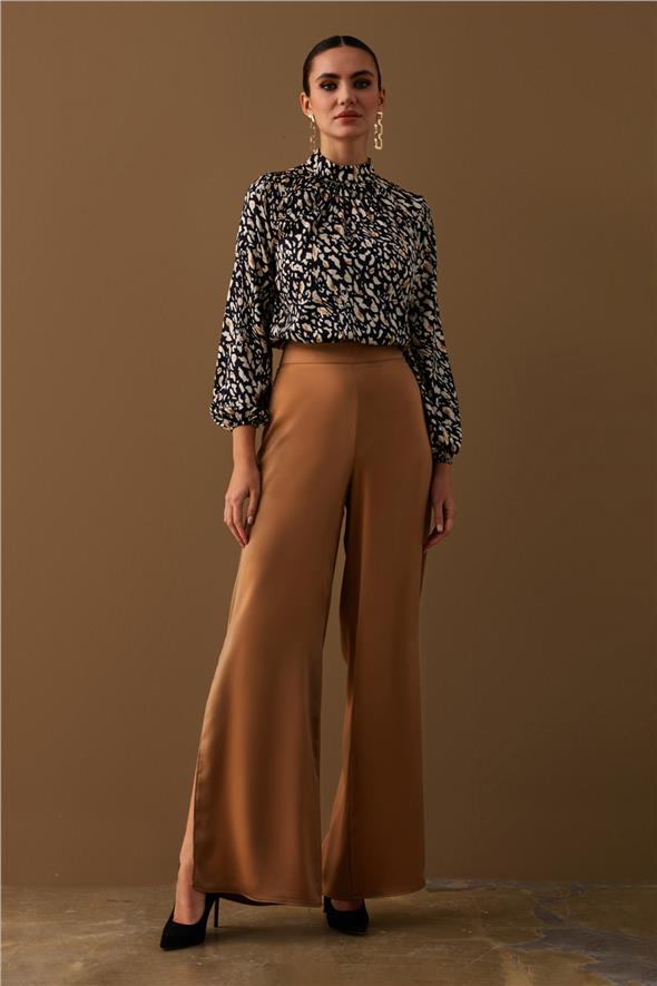 Yırtmaç Detaylı Saten Pantolon - Camel